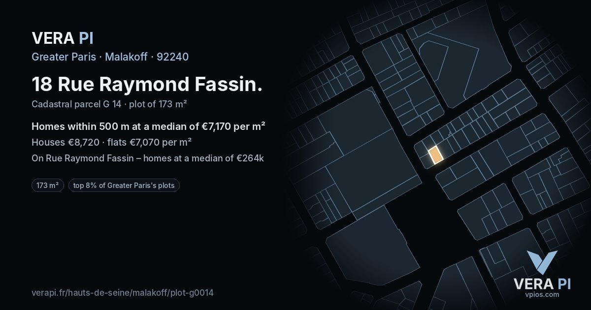 18 Rue Raymond Fassin, Malakoff at night – the plot lit, the parcels around coloured by the prices near them