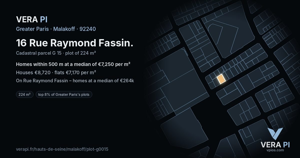 16 Rue Raymond Fassin, Malakoff at night – the plot lit, the parcels around coloured by the prices near them