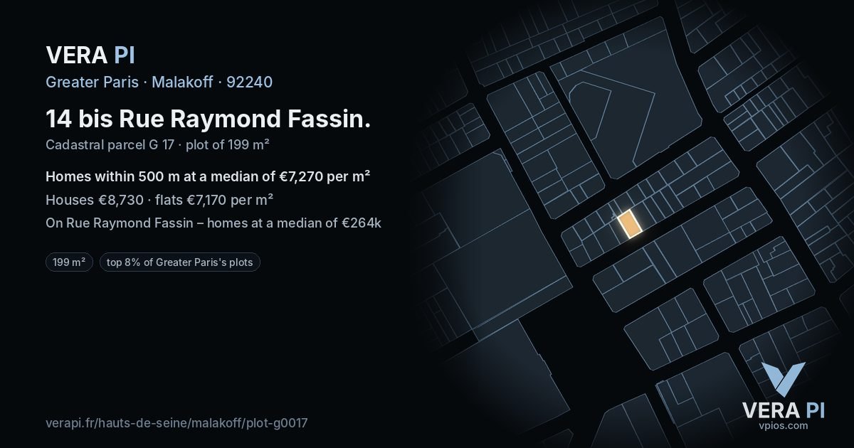 14 bis Rue Raymond Fassin, Malakoff at night – the plot lit, the parcels around coloured by the prices near them