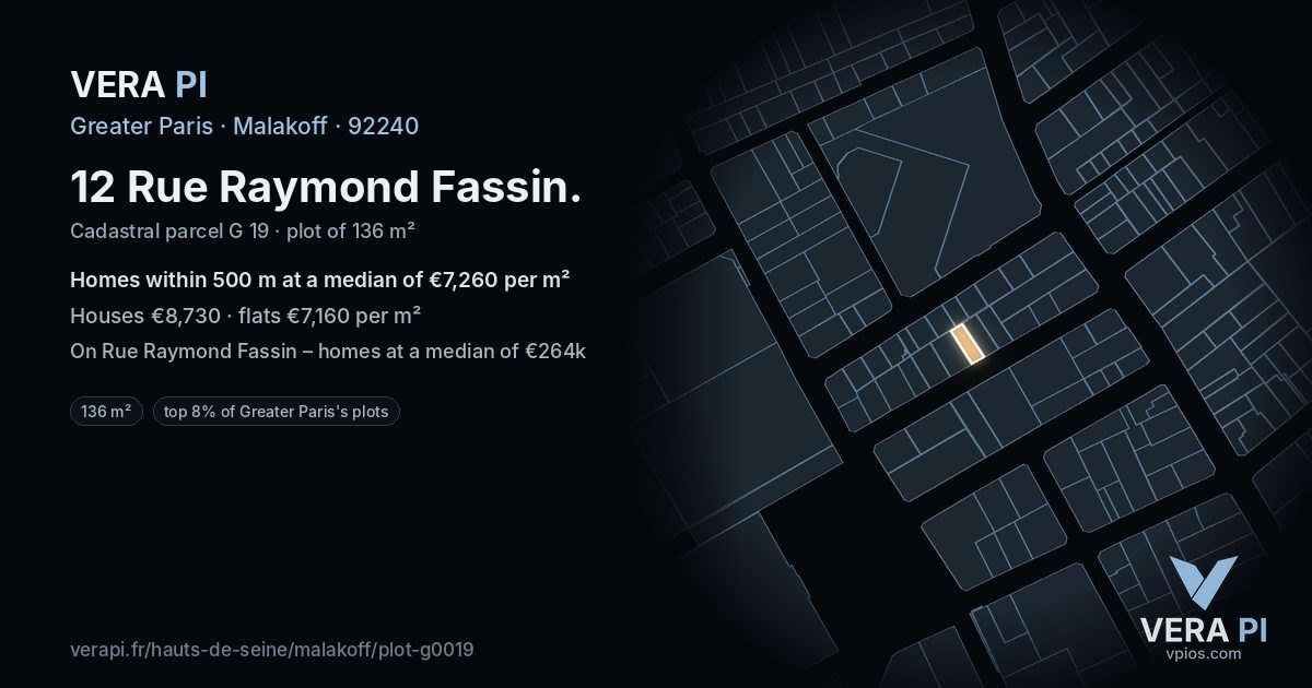 12 Rue Raymond Fassin, Malakoff at night – the plot lit, the parcels around coloured by the prices near them