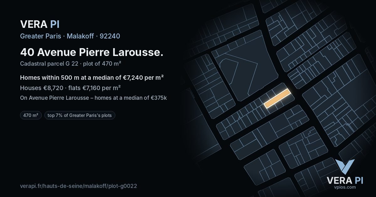 40 Avenue Pierre Larousse, Malakoff at night – the plot lit, the parcels around coloured by the prices near them
