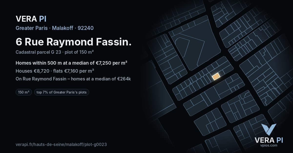 6 Rue Raymond Fassin, Malakoff at night – the plot lit, the parcels around coloured by the prices near them
