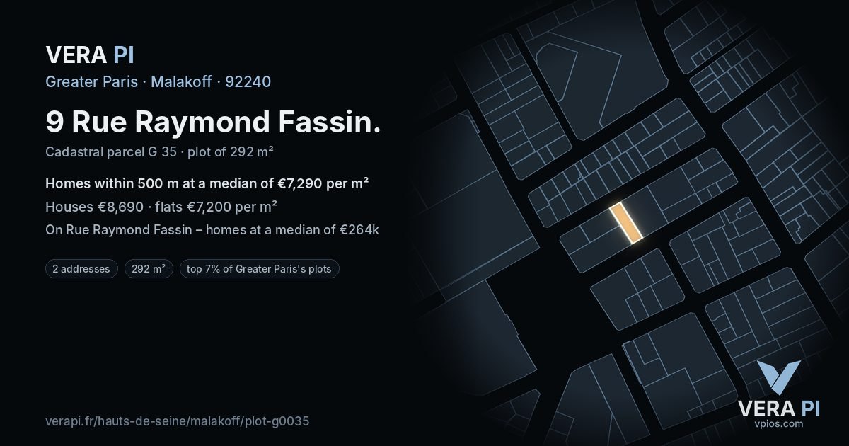9 Rue Raymond Fassin, Malakoff at night – the plot lit, the parcels around coloured by the prices near them