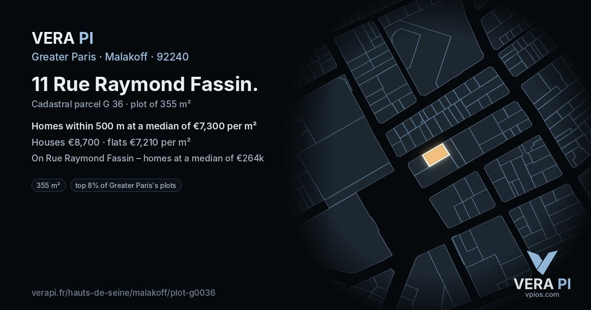 11 Rue Raymond Fassin, Malakoff at night – the plot lit, the parcels around coloured by the prices near them