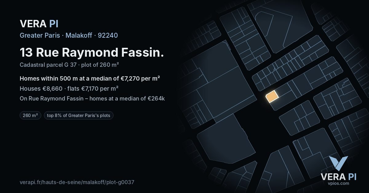 13 Rue Raymond Fassin, Malakoff at night – the plot lit, the parcels around coloured by the prices near them