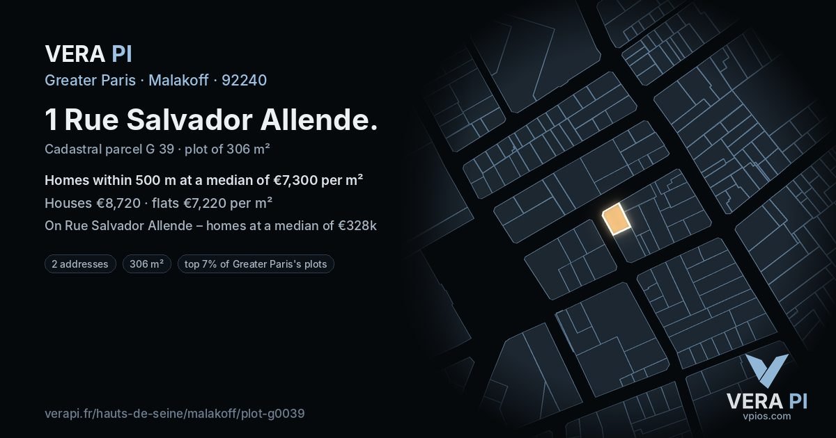 1 Rue Salvador Allende, Malakoff at night – the plot lit, the parcels around coloured by the prices near them