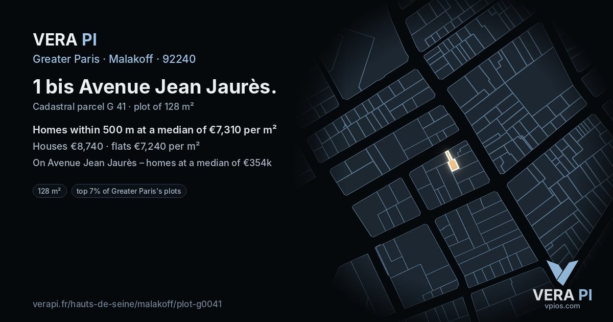 1 bis Avenue Jean Jaurès, Malakoff at night – the plot lit, the parcels around coloured by the prices near them