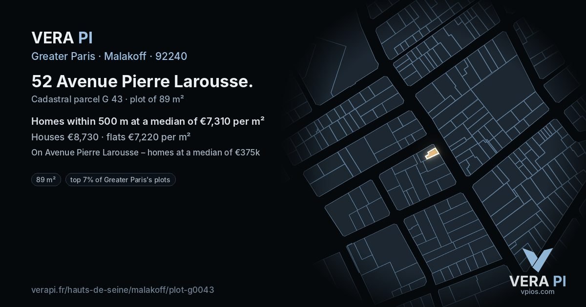 52 Avenue Pierre Larousse, Malakoff at night – the plot lit, the parcels around coloured by the prices near them