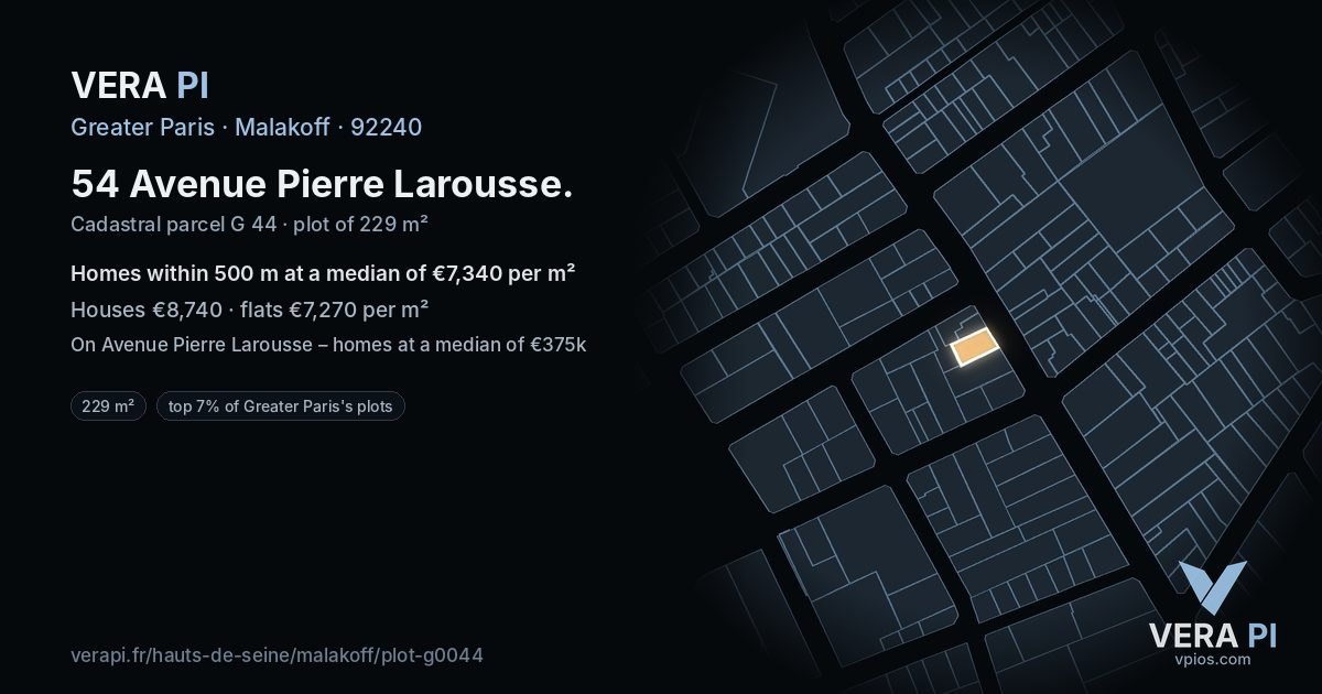 54 Avenue Pierre Larousse, Malakoff at night – the plot lit, the parcels around coloured by the prices near them