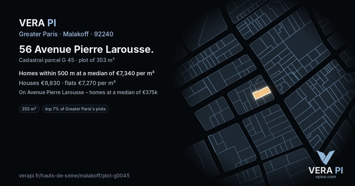 56 Avenue Pierre Larousse, Malakoff at night – the plot lit, the parcels around coloured by the prices near them