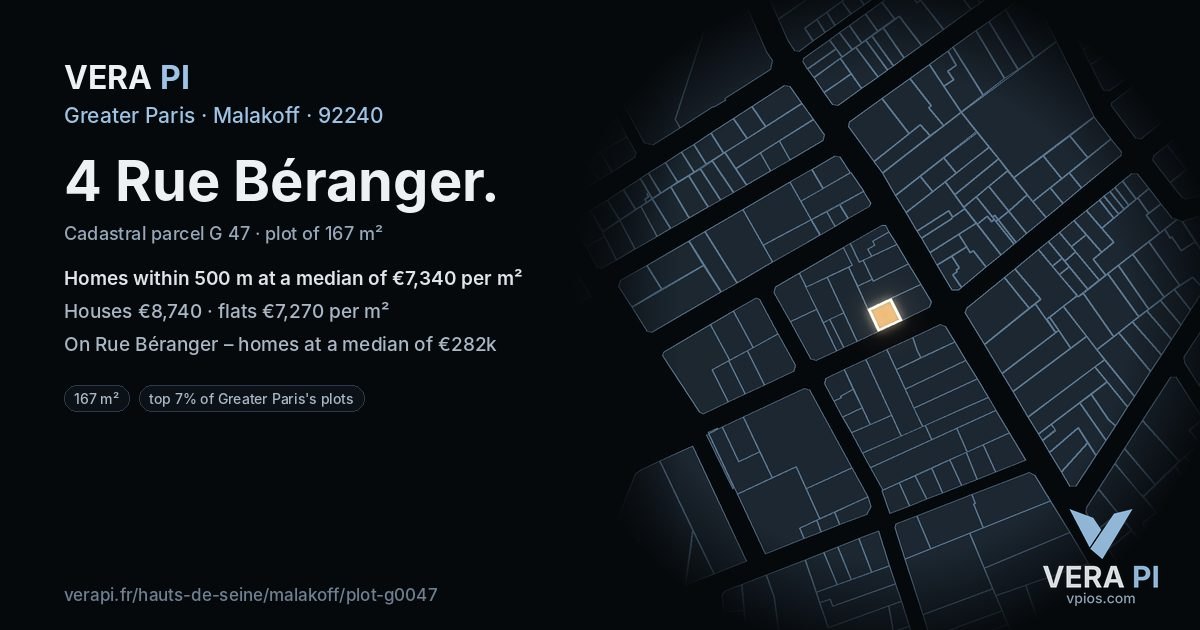 4 Rue Béranger, Malakoff at night – the plot lit, the parcels around coloured by the prices near them