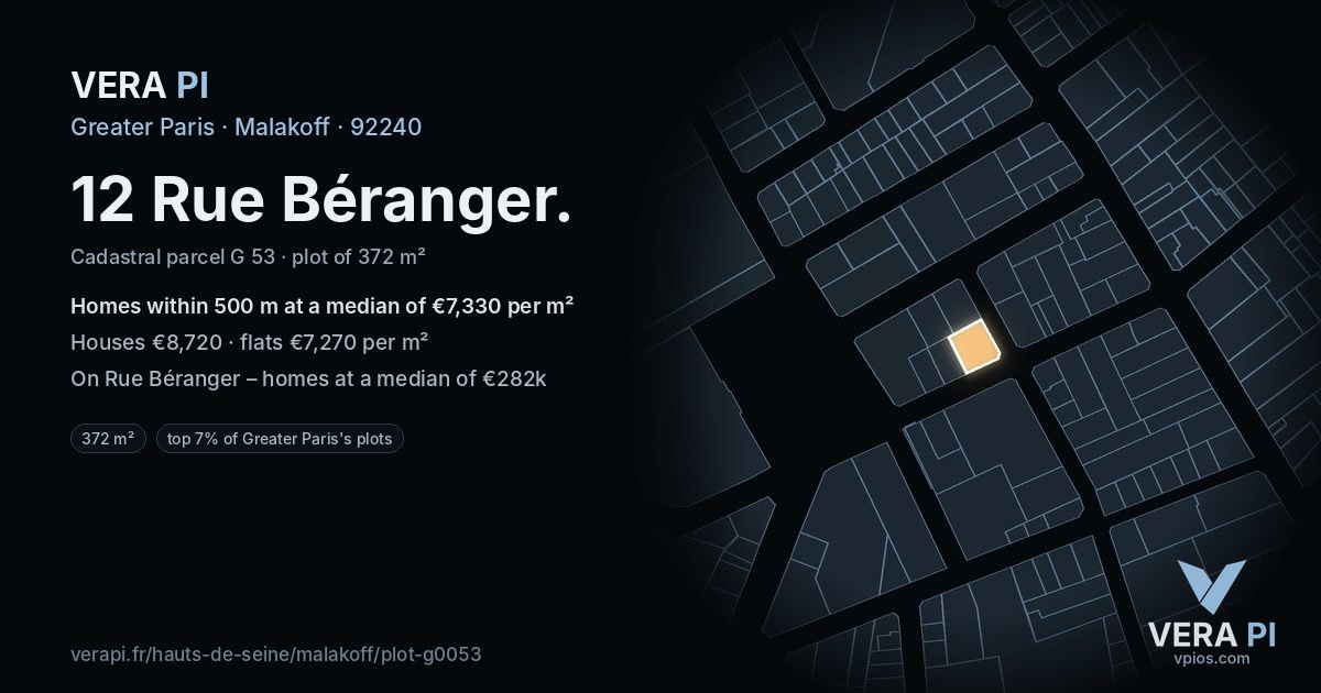 12 Rue Béranger, Malakoff at night – the plot lit, the parcels around coloured by the prices near them
