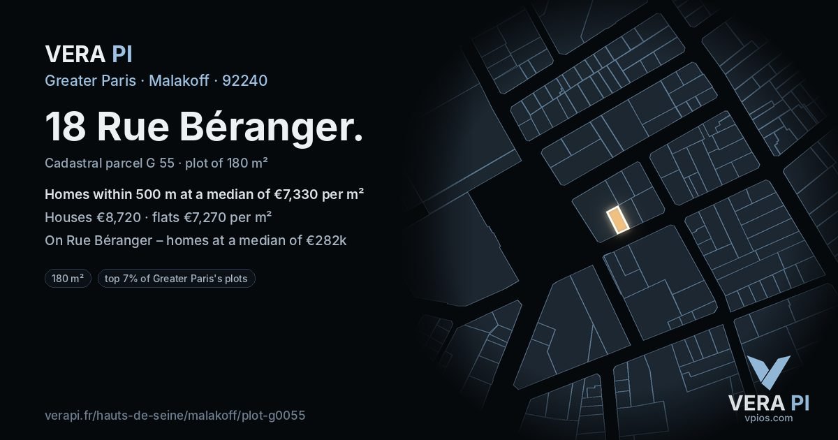 18 Rue Béranger, Malakoff at night – the plot lit, the parcels around coloured by the prices near them