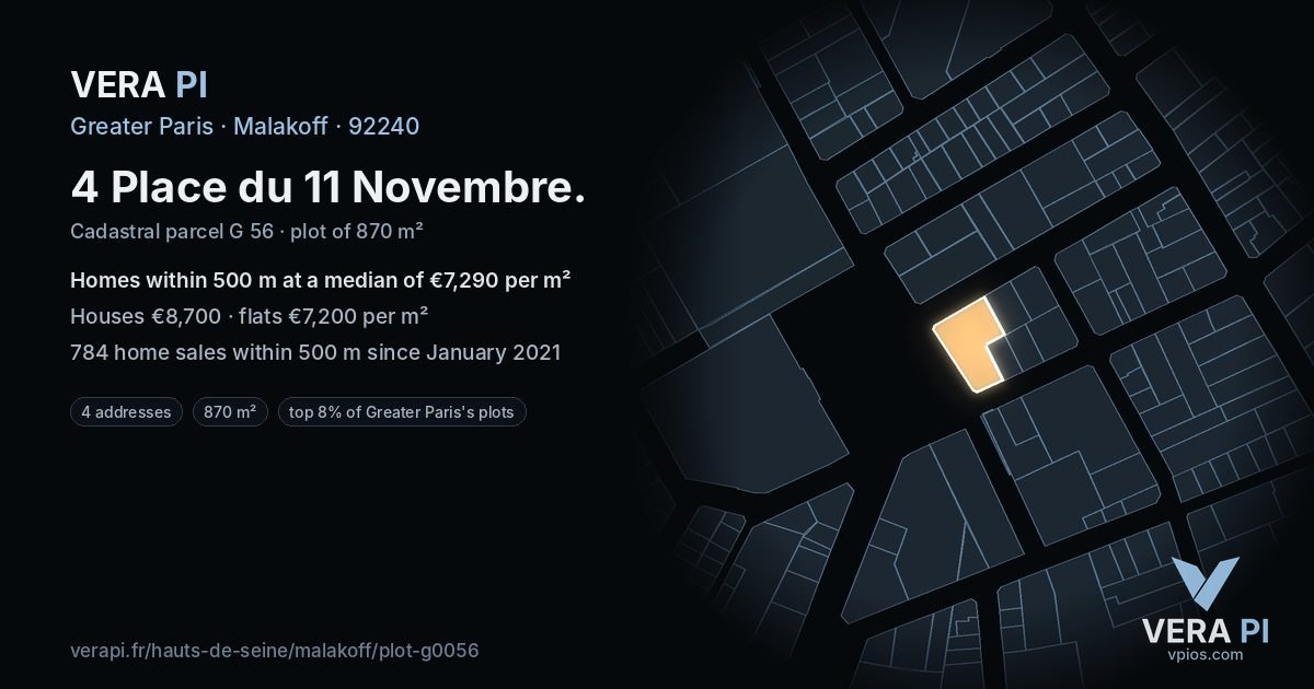 4 Place du 11 Novembre, Malakoff at night – the plot lit, the parcels around coloured by the prices near them