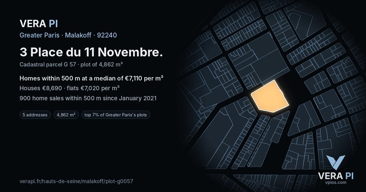 3 Place du 11 Novembre, Malakoff at night – the plot lit, the parcels around coloured by the prices near them