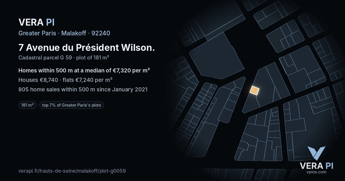 7 Avenue du Président Wilson, Malakoff at night – the plot lit, the parcels around coloured by the prices near them