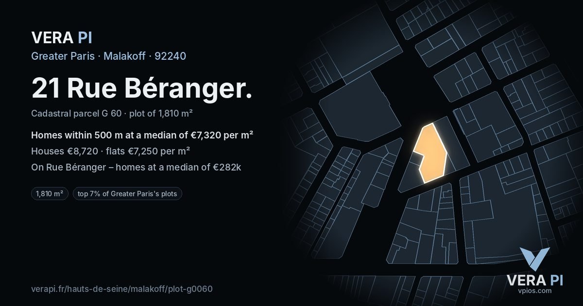 21 Rue Béranger, Malakoff at night – the plot lit, the parcels around coloured by the prices near them