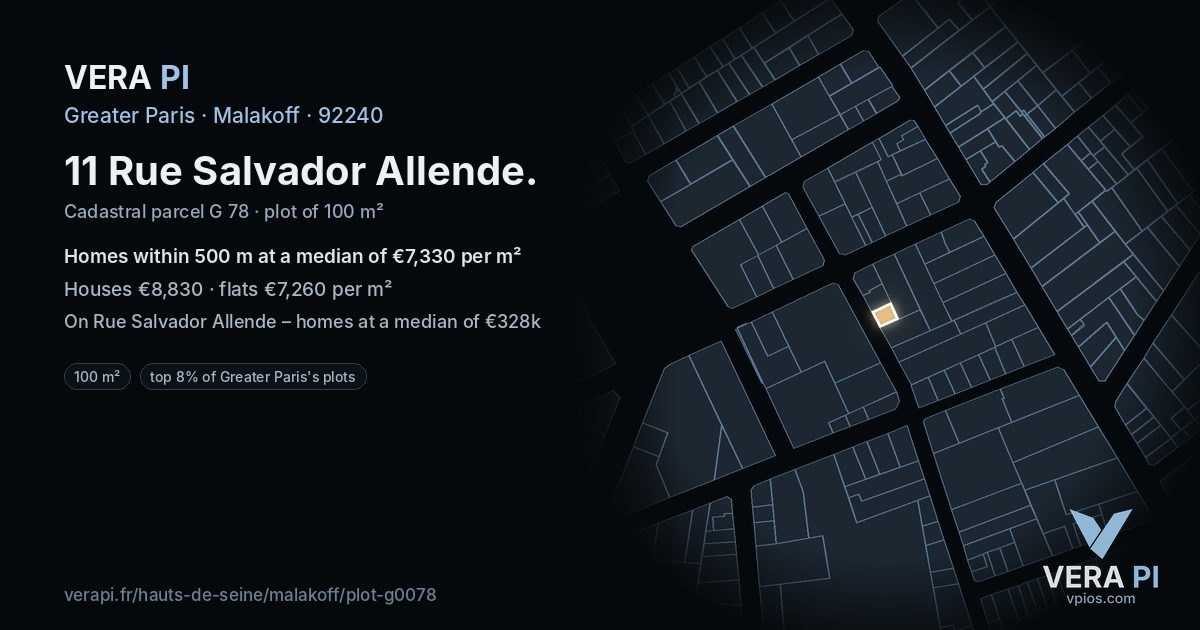 11 Rue Salvador Allende, Malakoff at night – the plot lit, the parcels around coloured by the prices near them