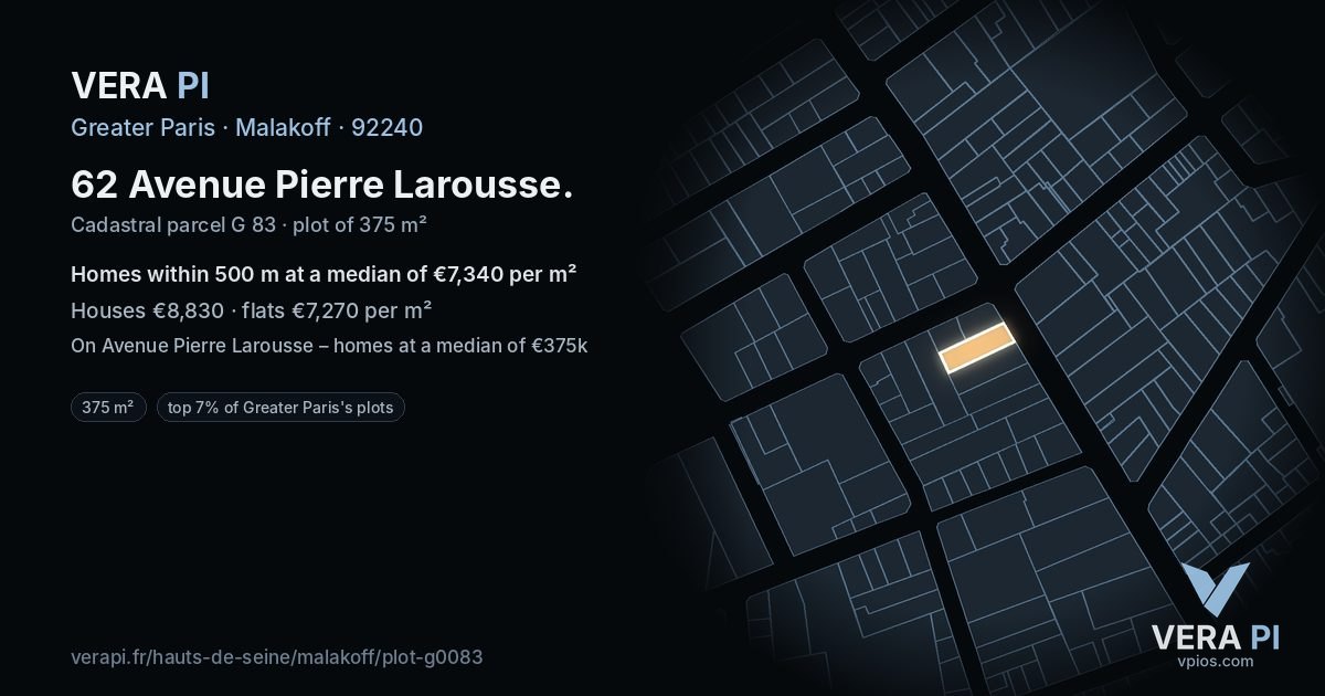 62 Avenue Pierre Larousse, Malakoff at night – the plot lit, the parcels around coloured by the prices near them