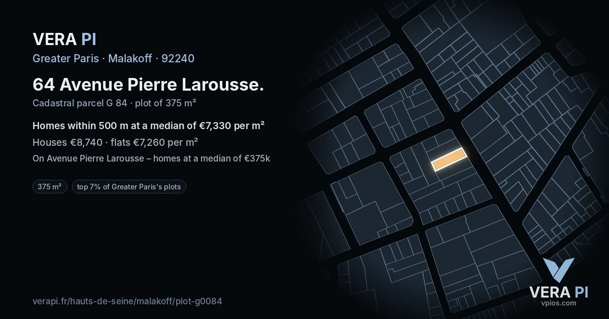 64 Avenue Pierre Larousse, Malakoff at night – the plot lit, the parcels around coloured by the prices near them
