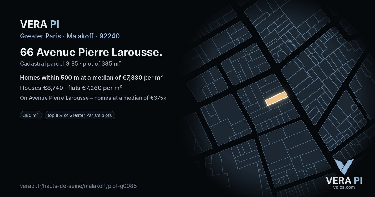 66 Avenue Pierre Larousse, Malakoff at night – the plot lit, the parcels around coloured by the prices near them