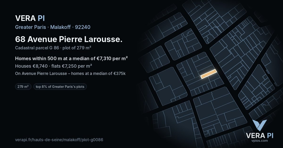 68 Avenue Pierre Larousse, Malakoff at night – the plot lit, the parcels around coloured by the prices near them