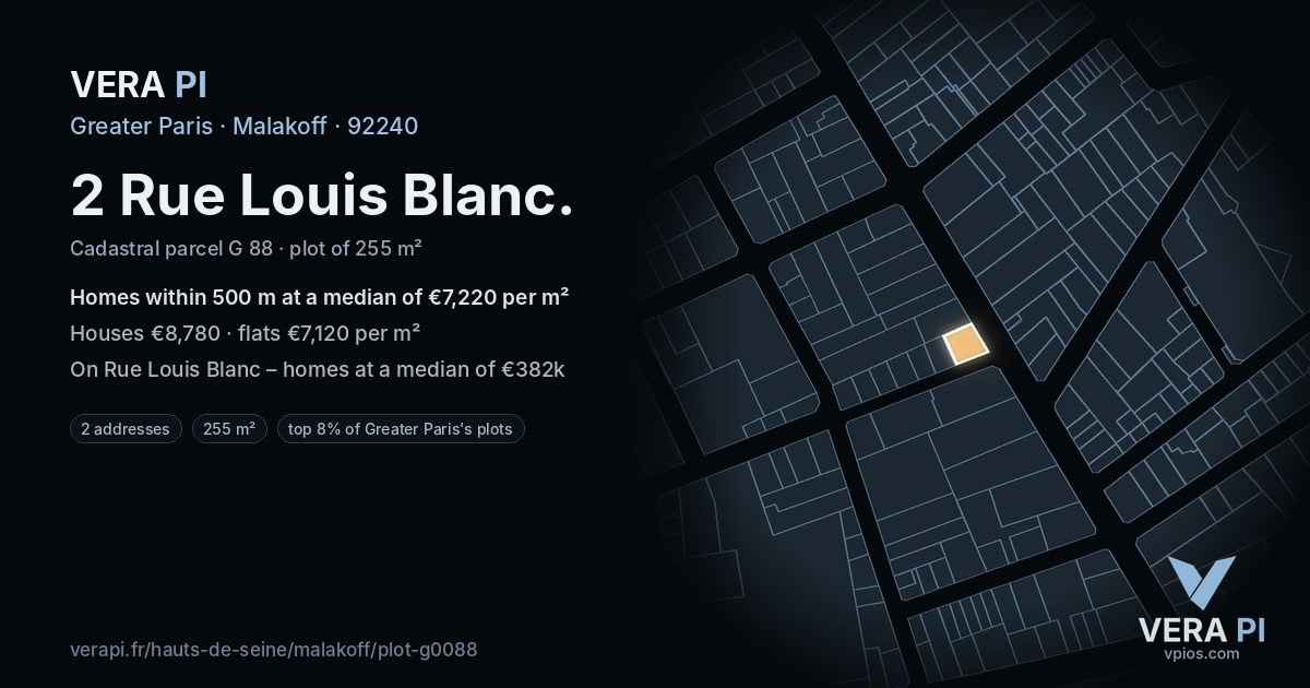 2 Rue Louis Blanc, Malakoff at night – the plot lit, the parcels around coloured by the prices near them