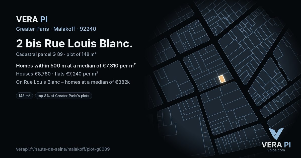2 bis Rue Louis Blanc, Malakoff at night – the plot lit, the parcels around coloured by the prices near them