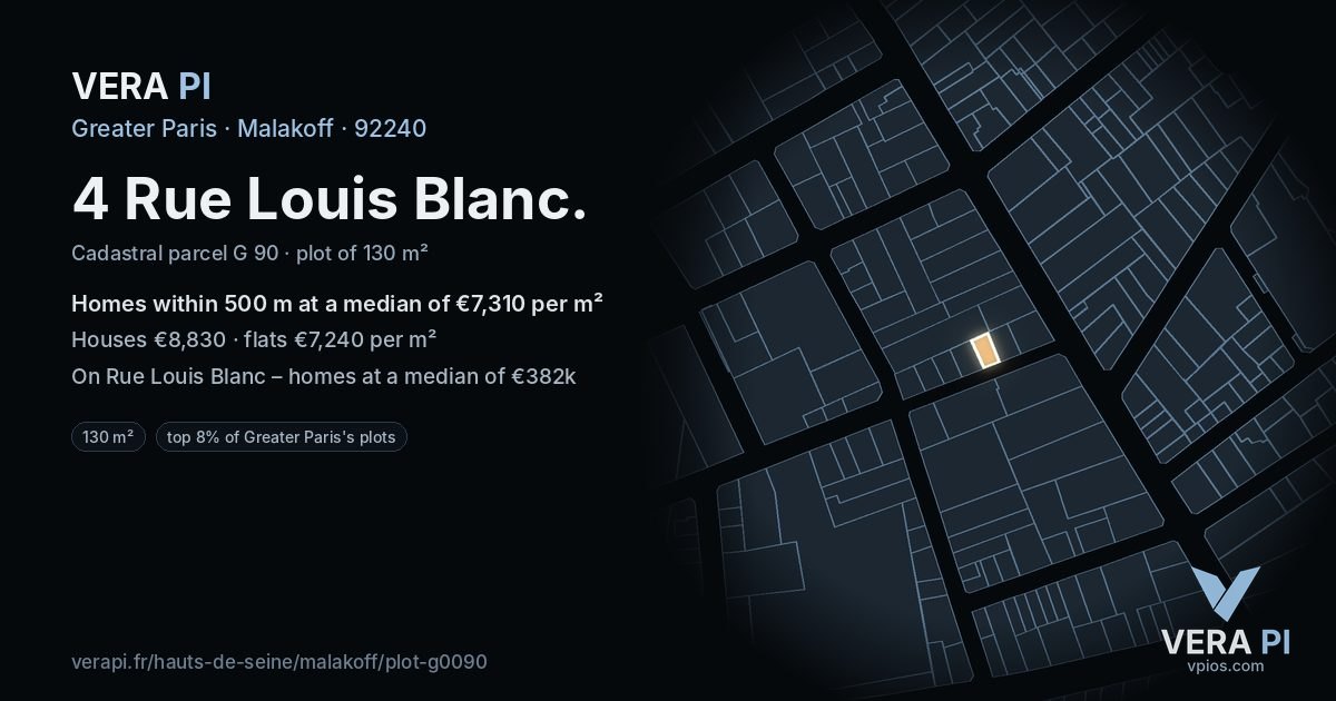 4 Rue Louis Blanc, Malakoff at night – the plot lit, the parcels around coloured by the prices near them