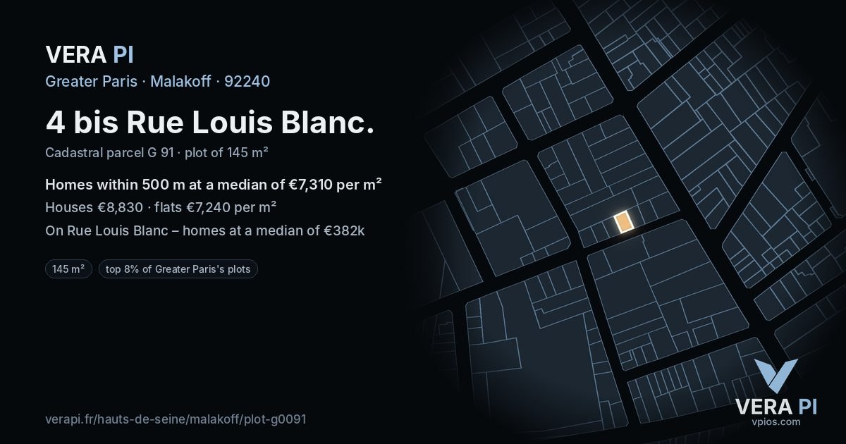 4 bis Rue Louis Blanc, Malakoff at night – the plot lit, the parcels around coloured by the prices near them