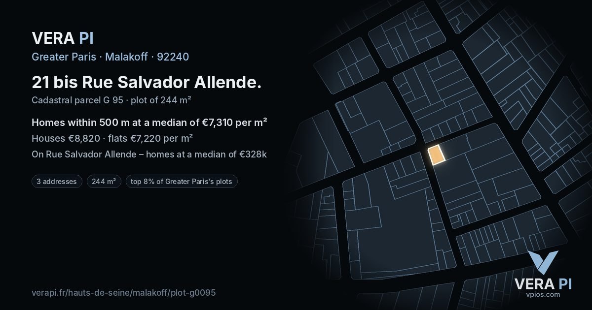 21 bis Rue Salvador Allende, Malakoff at night – the plot lit, the parcels around coloured by the prices near them