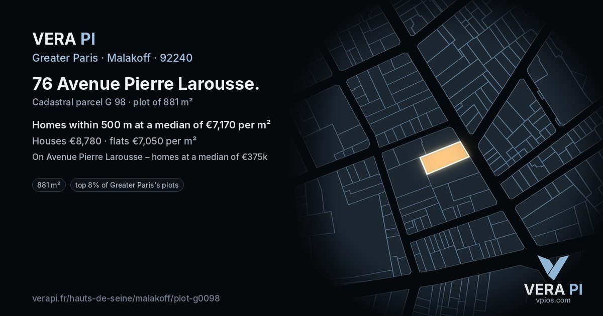 76 Avenue Pierre Larousse, Malakoff at night – the plot lit, the parcels around coloured by the prices near them