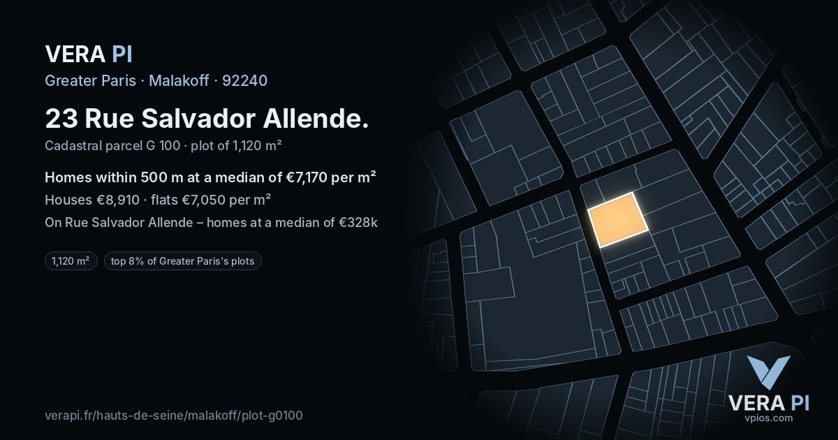 23 Rue Salvador Allende, Malakoff at night – the plot lit, the parcels around coloured by the prices near them
