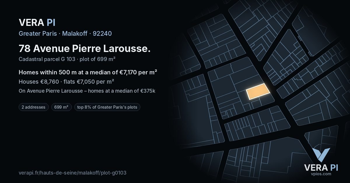 78 Avenue Pierre Larousse, Malakoff at night – the plot lit, the parcels around coloured by the prices near them