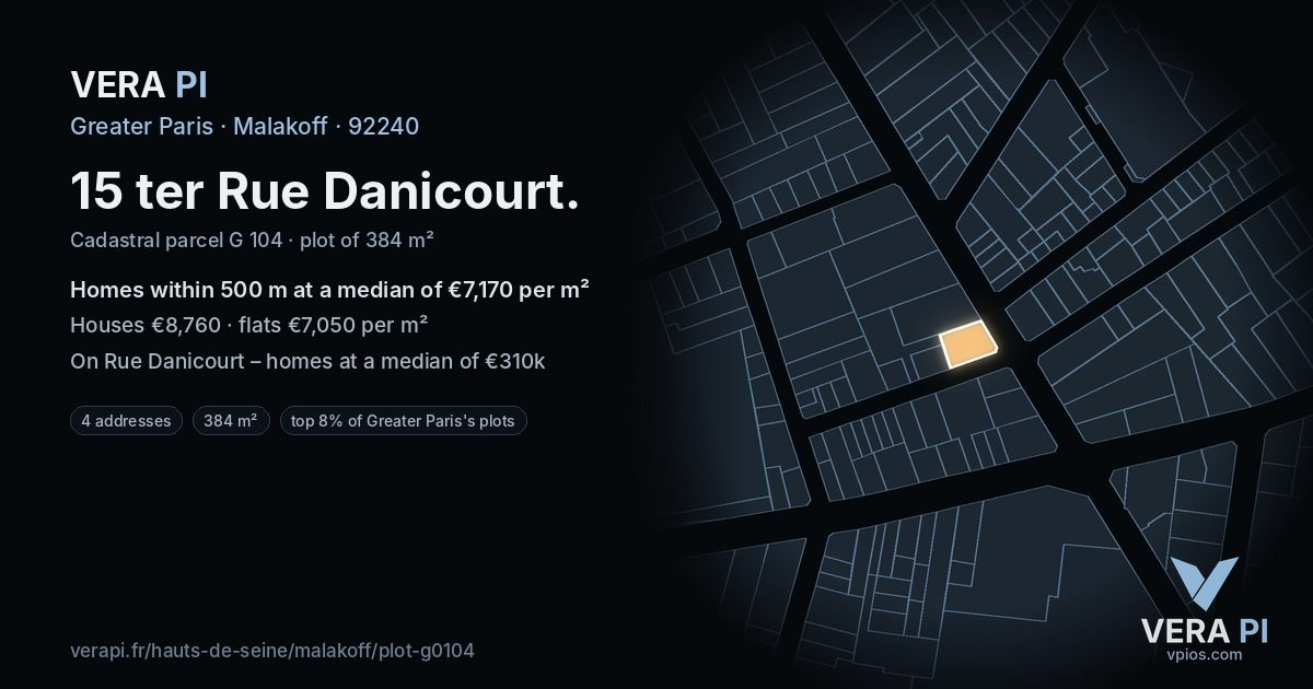 15 ter Rue Danicourt, Malakoff at night – the plot lit, the parcels around coloured by the prices near them