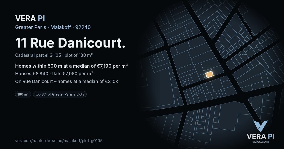 11 Rue Danicourt, Malakoff at night – the plot lit, the parcels around coloured by the prices near them