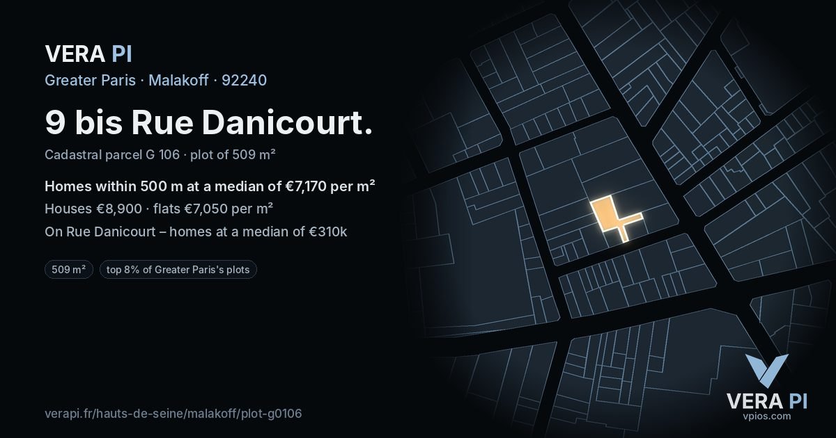 9 bis Rue Danicourt, Malakoff at night – the plot lit, the parcels around coloured by the prices near them
