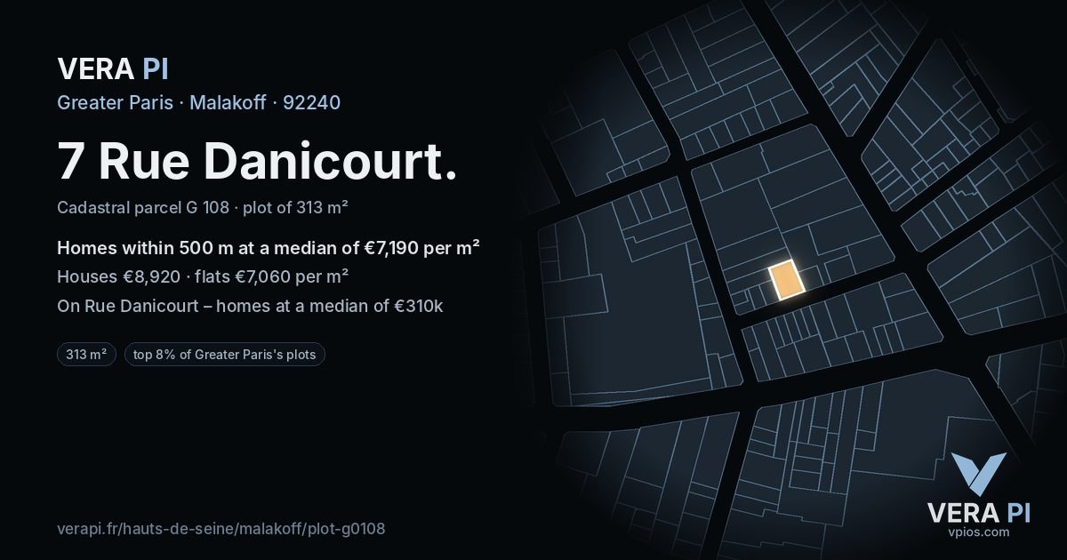 7 Rue Danicourt, Malakoff at night – the plot lit, the parcels around coloured by the prices near them
