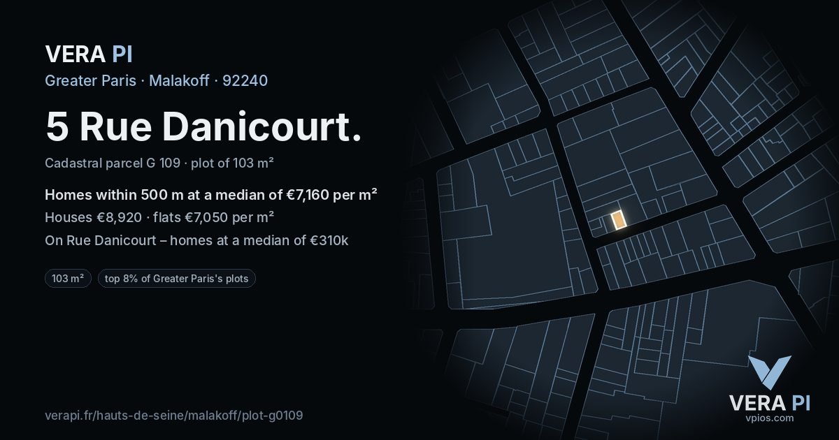 5 Rue Danicourt, Malakoff at night – the plot lit, the parcels around coloured by the prices near them