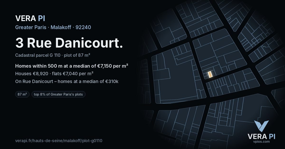 3 Rue Danicourt, Malakoff at night – the plot lit, the parcels around coloured by the prices near them
