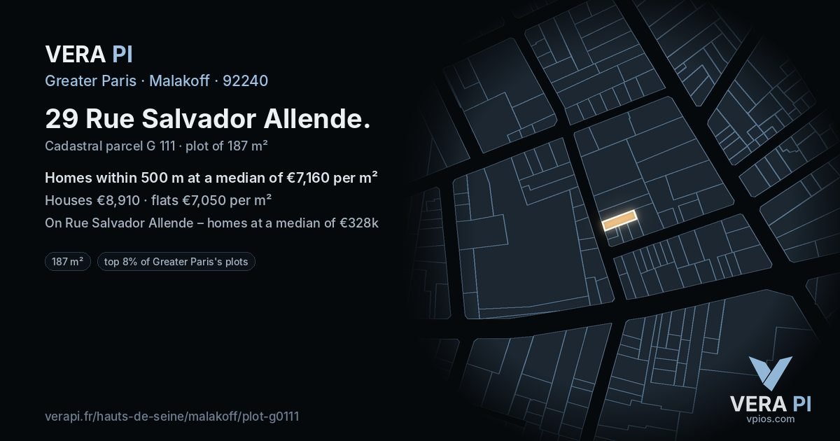 29 Rue Salvador Allende, Malakoff at night – the plot lit, the parcels around coloured by the prices near them