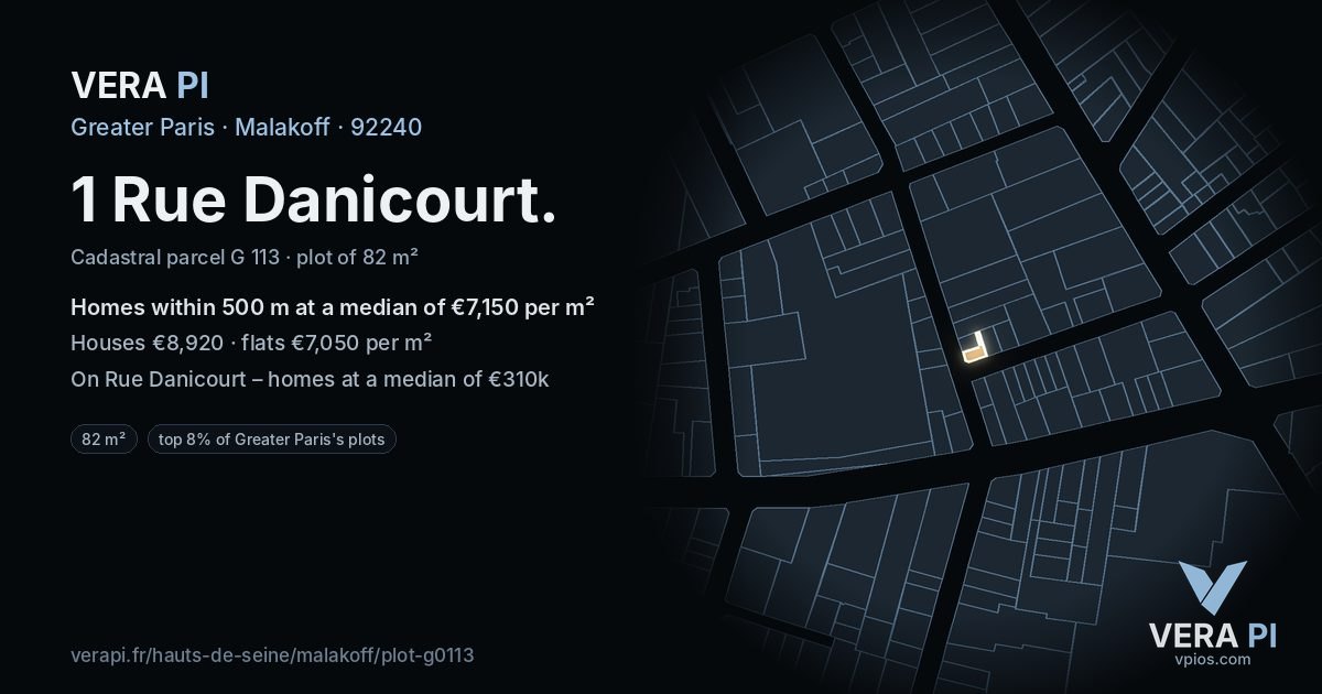 1 Rue Danicourt, Malakoff at night – the plot lit, the parcels around coloured by the prices near them