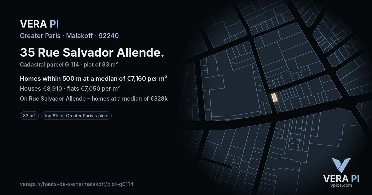 35 Rue Salvador Allende, Malakoff at night – the plot lit, the parcels around coloured by the prices near them