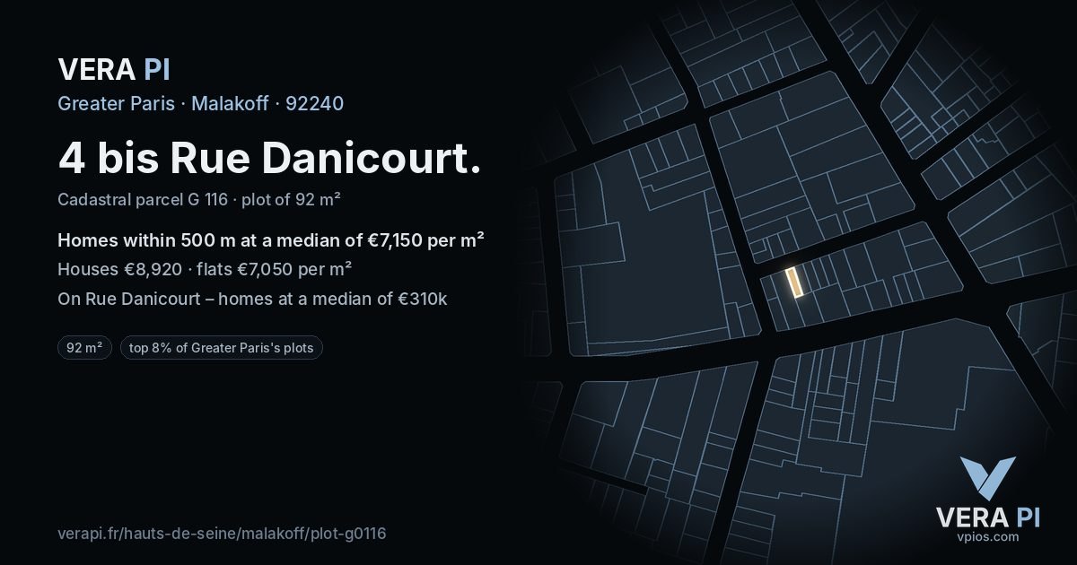 4 bis Rue Danicourt, Malakoff at night – the plot lit, the parcels around coloured by the prices near them