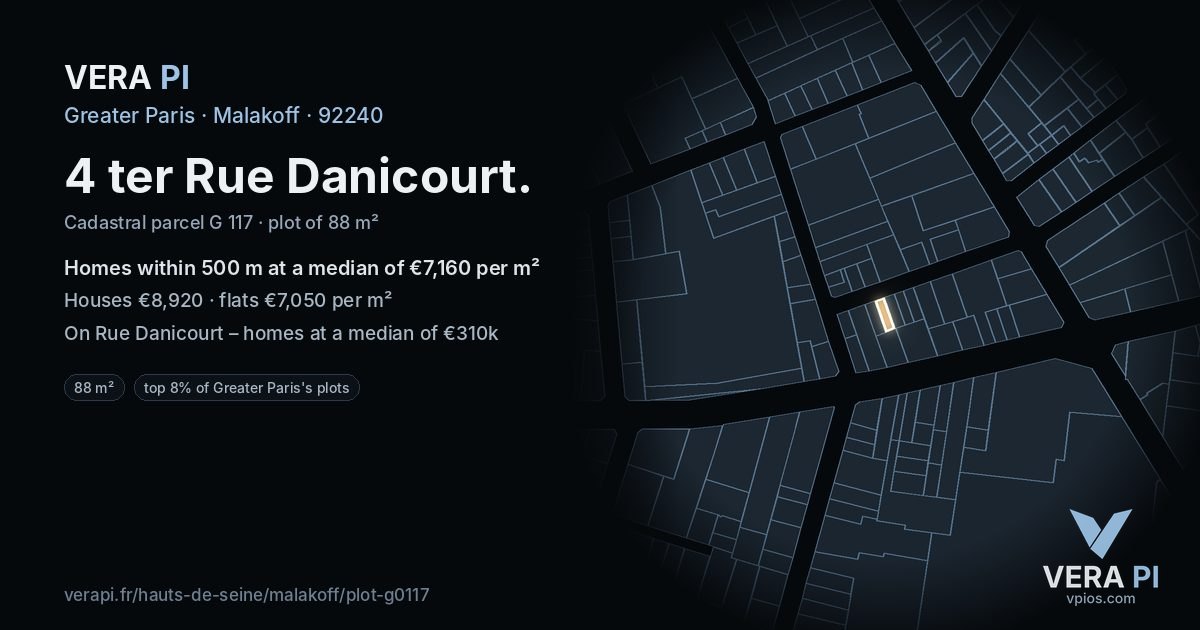 4 ter Rue Danicourt, Malakoff at night – the plot lit, the parcels around coloured by the prices near them