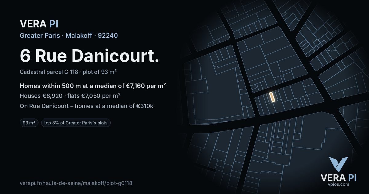 6 Rue Danicourt, Malakoff at night – the plot lit, the parcels around coloured by the prices near them