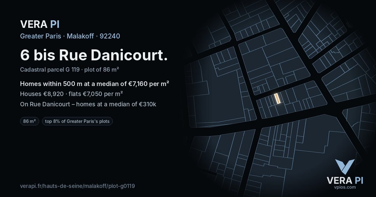 6 bis Rue Danicourt, Malakoff at night – the plot lit, the parcels around coloured by the prices near them