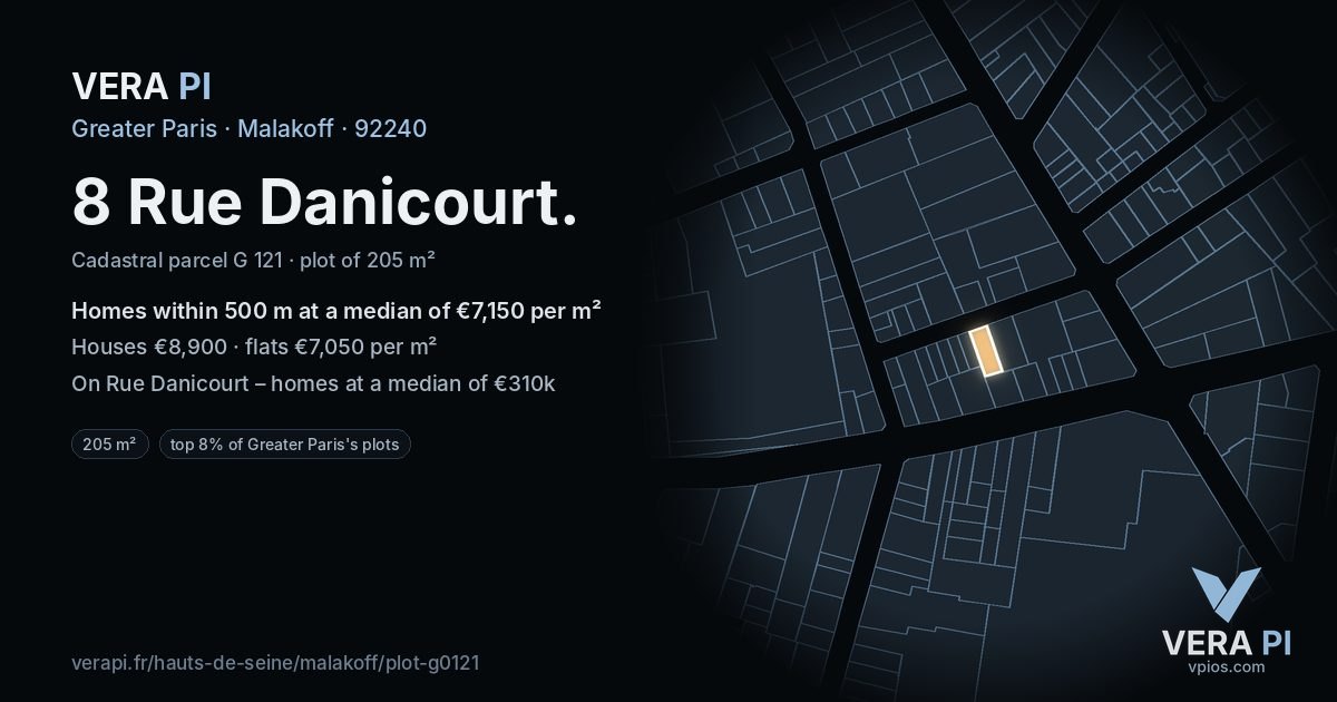 8 Rue Danicourt, Malakoff at night – the plot lit, the parcels around coloured by the prices near them