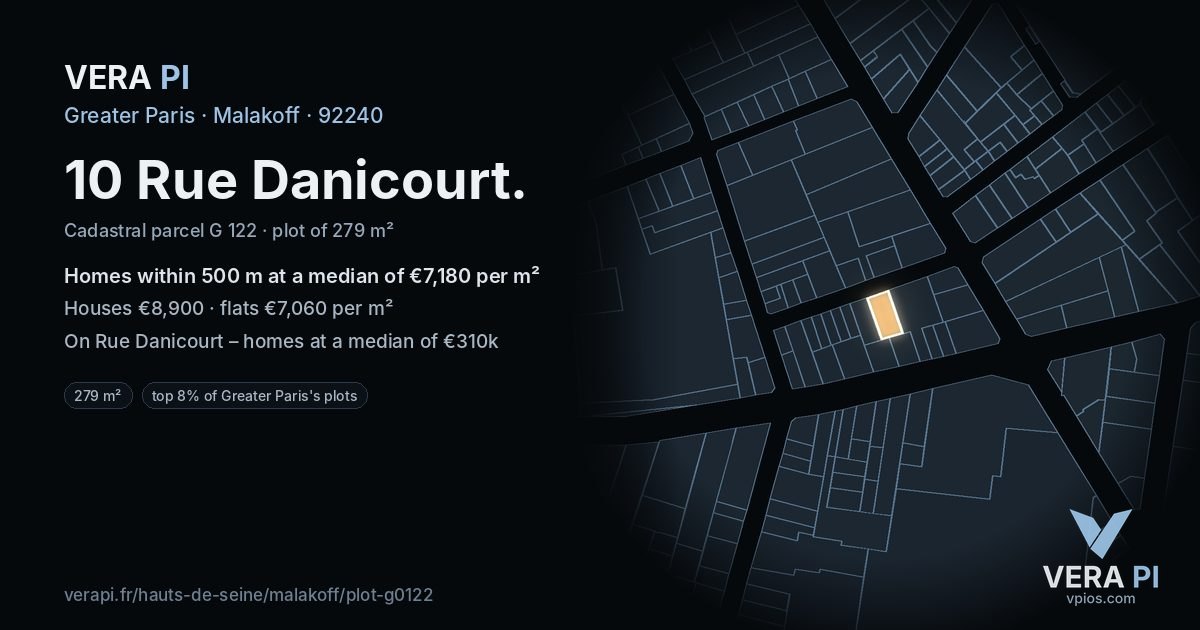 10 Rue Danicourt, Malakoff at night – the plot lit, the parcels around coloured by the prices near them