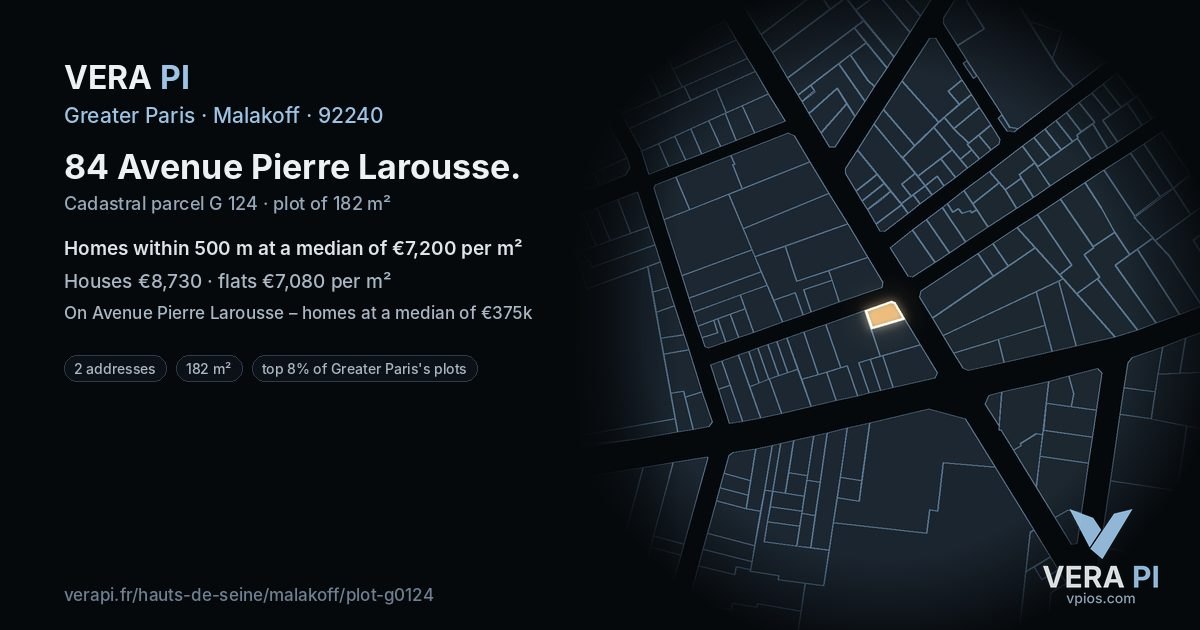 84 Avenue Pierre Larousse, Malakoff at night – the plot lit, the parcels around coloured by the prices near them